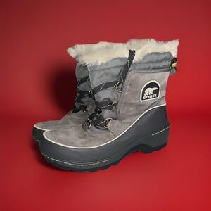 Sorel Women's Winter Boots Size 7 Gray Faux Fur Waterproof Leather
